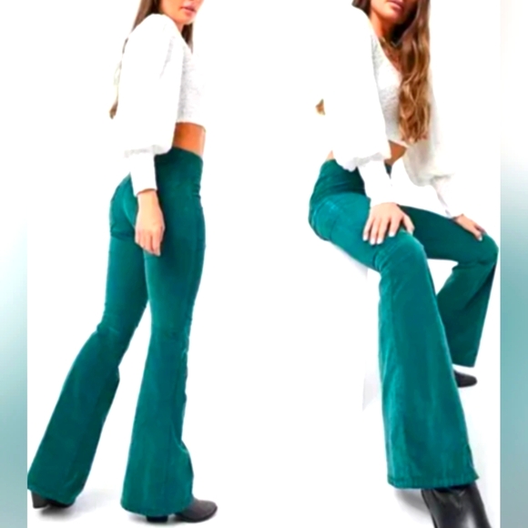 Free People Pull On Flare Corduroys Size 26 Shining Sea Green Color - Picture 2 of 8